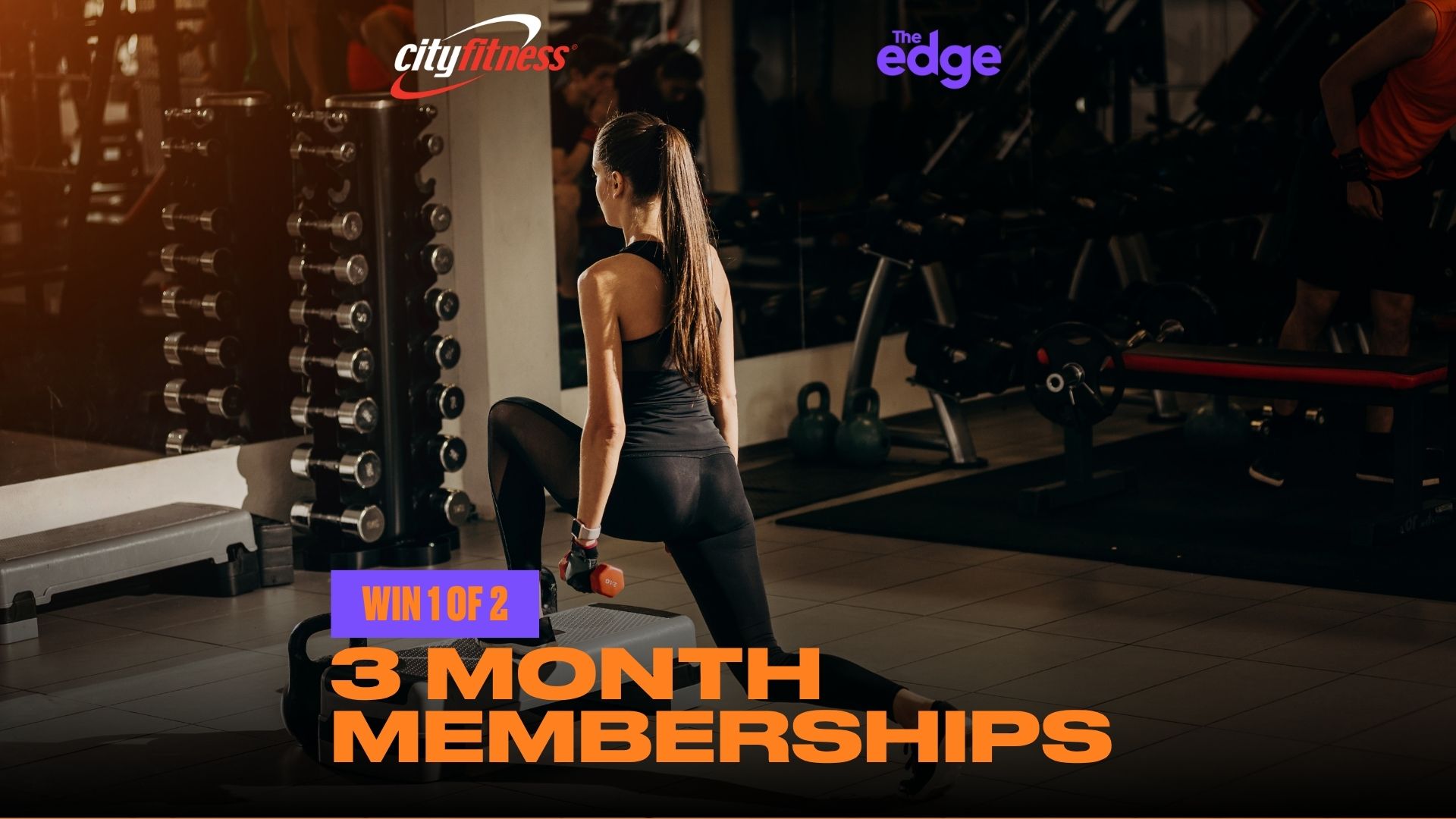 A woman lunges with a dumbbell in a CityFitness gym featuring CityFitness and The Edge logos, and text promoting winning 3-month memberships.