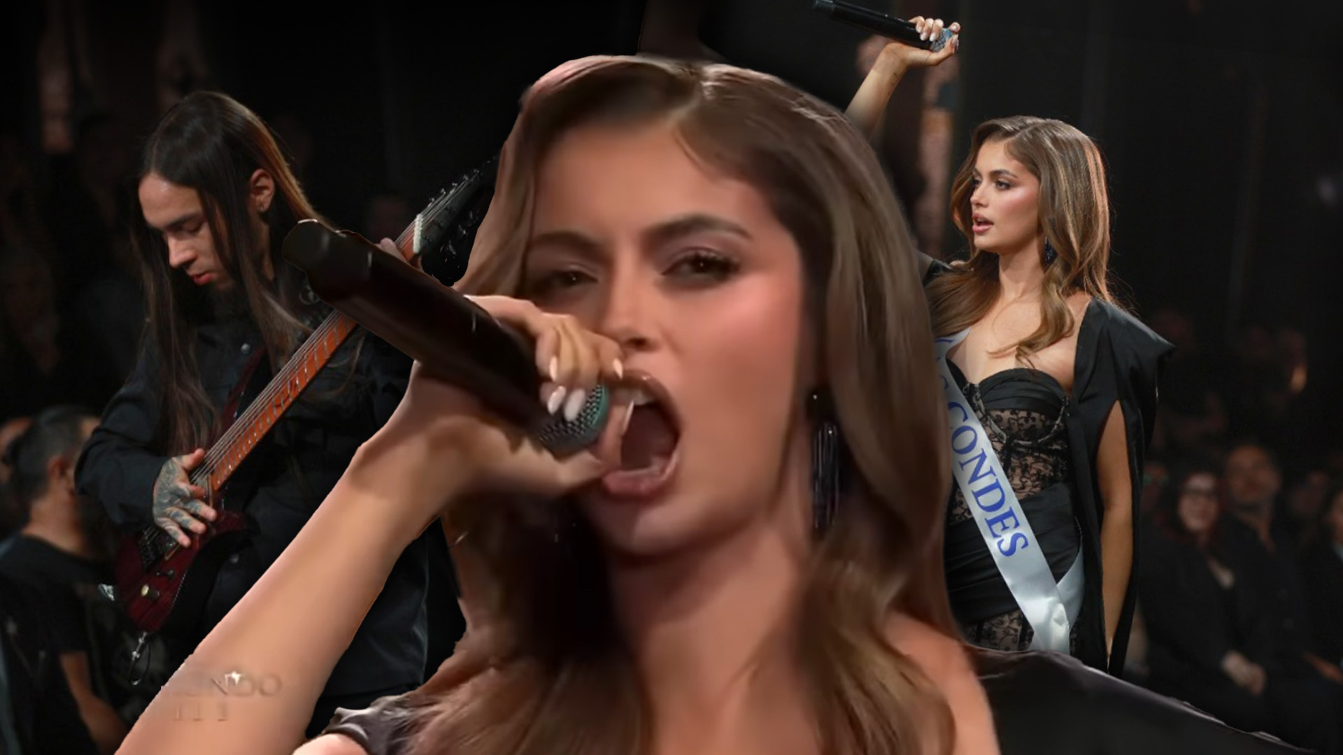 Chile’s Ignacia Fernandez holding the microphone, singing on stage