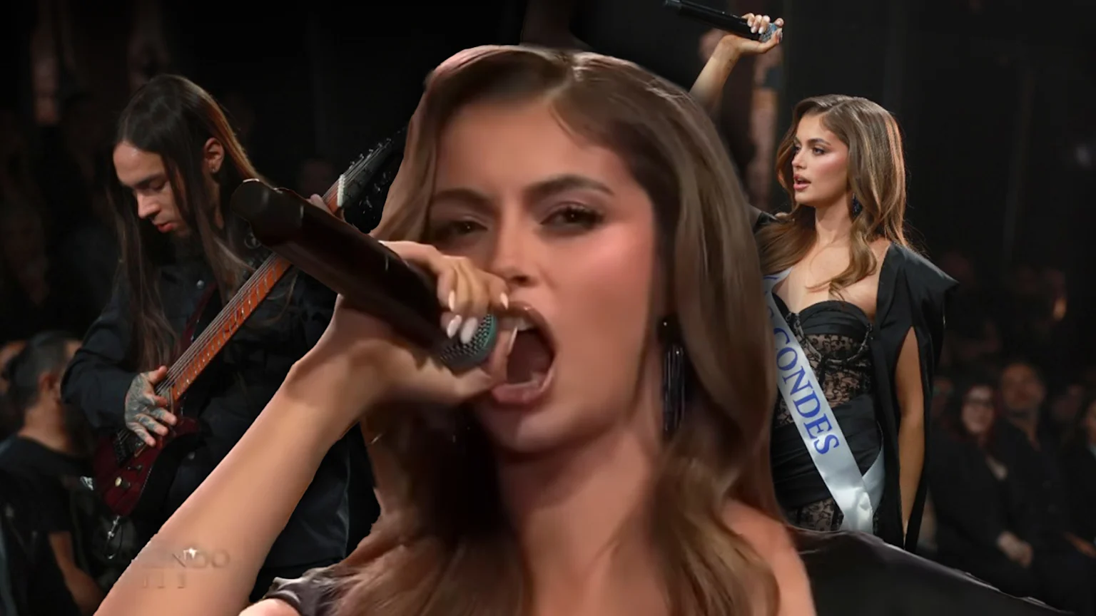 Chile’s Ignacia Fernandez holding the microphone, singing on stage