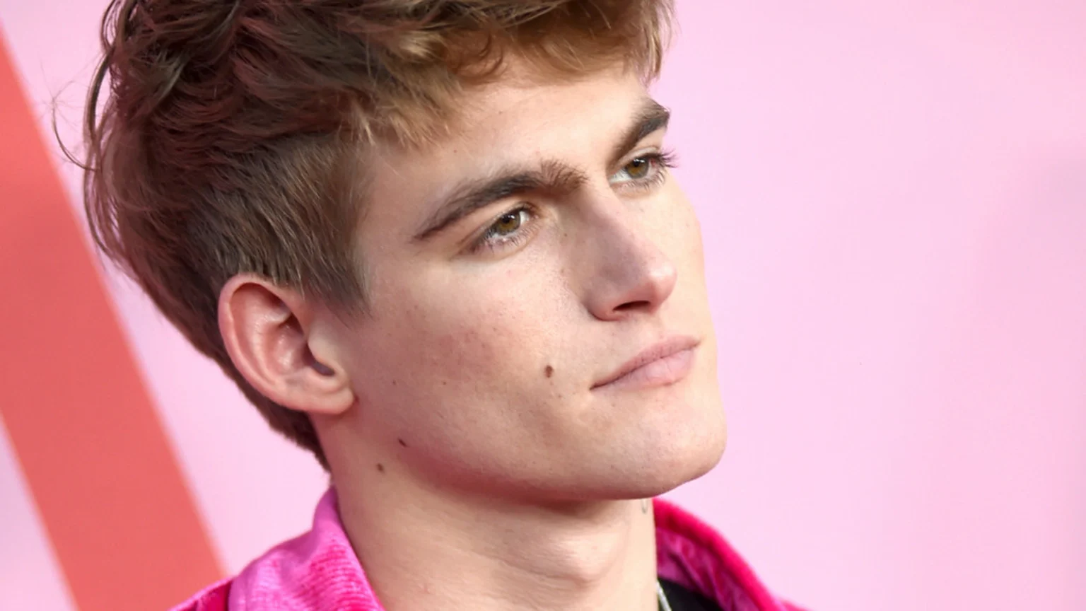 Close-up, angled portrait of a young man with light brown hair and eyes, wearing a f fuchsia jacket, looking up and to the right against a blurred pink background.