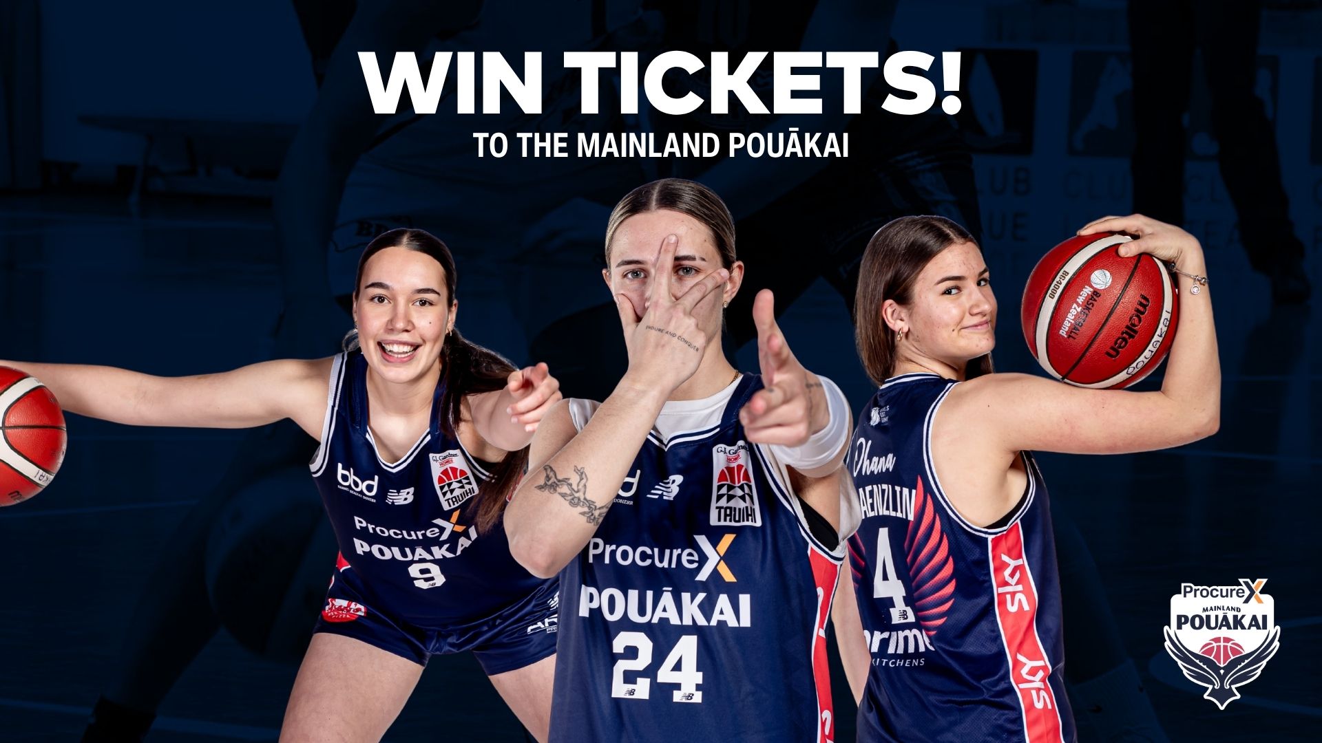 Three smiling women in blue basketball jerseys, two holding basketballs, with "WIN TICKETS! TO THE MAINLAND POUĀKAI" text and the ProcureX Mainland Pouākai logo.