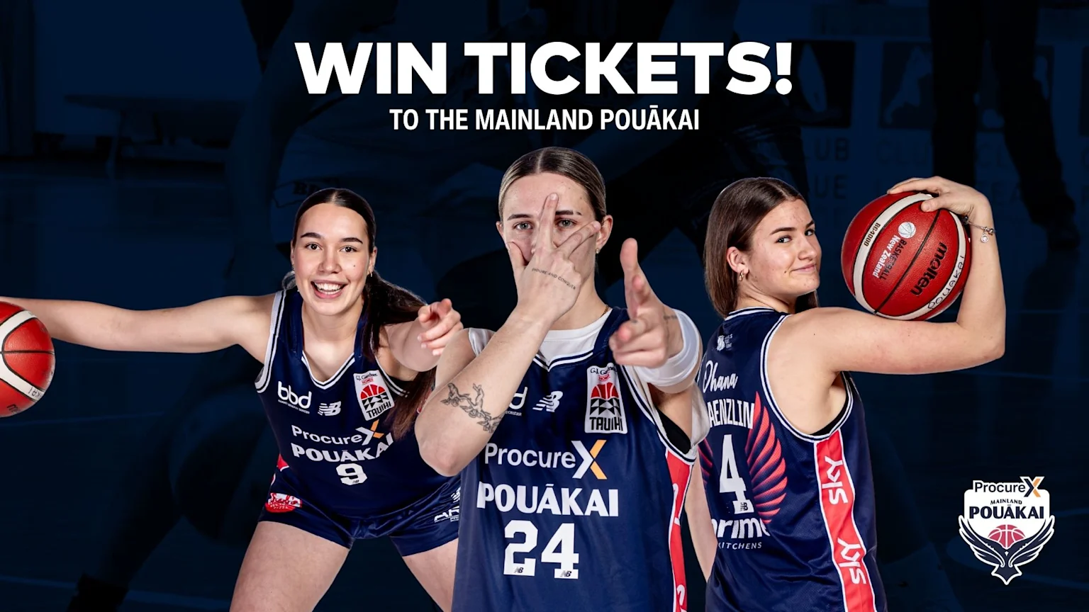 Three smiling women in blue basketball jerseys, two holding basketballs, with "WIN TICKETS! TO THE MAINLAND POUĀKAI" text and the ProcureX Mainland Pouākai logo.