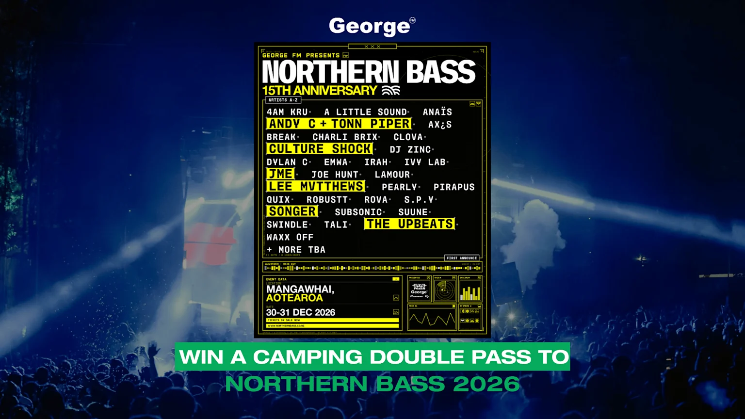 A concert scene with a crowd and stage, overlaid with a Northern Bass 2026 festival poster showing the lineup, event details, and a competition to win a camping double pass.