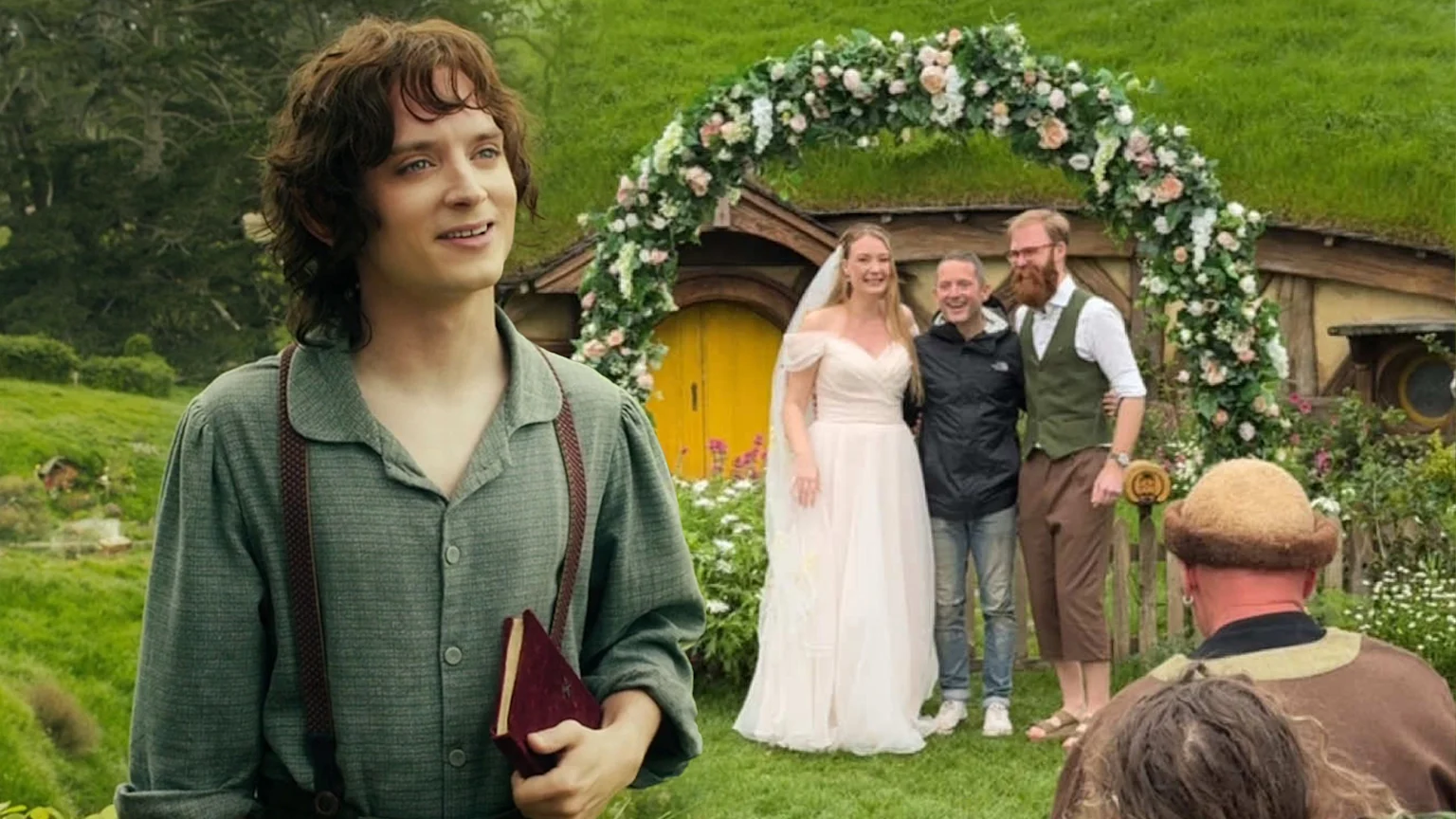 Frodo from Lord of the Rings in a shot with a couple getting married in Hobbiton