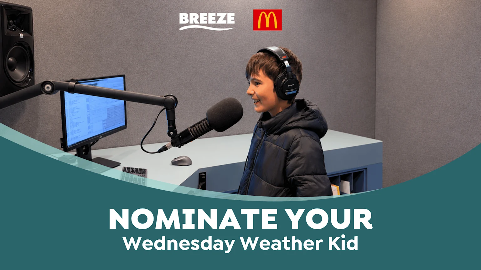 A young boy wearing headphones speaks into a microphone in a radio studio, with radio station logos and promotional text overlaid.
