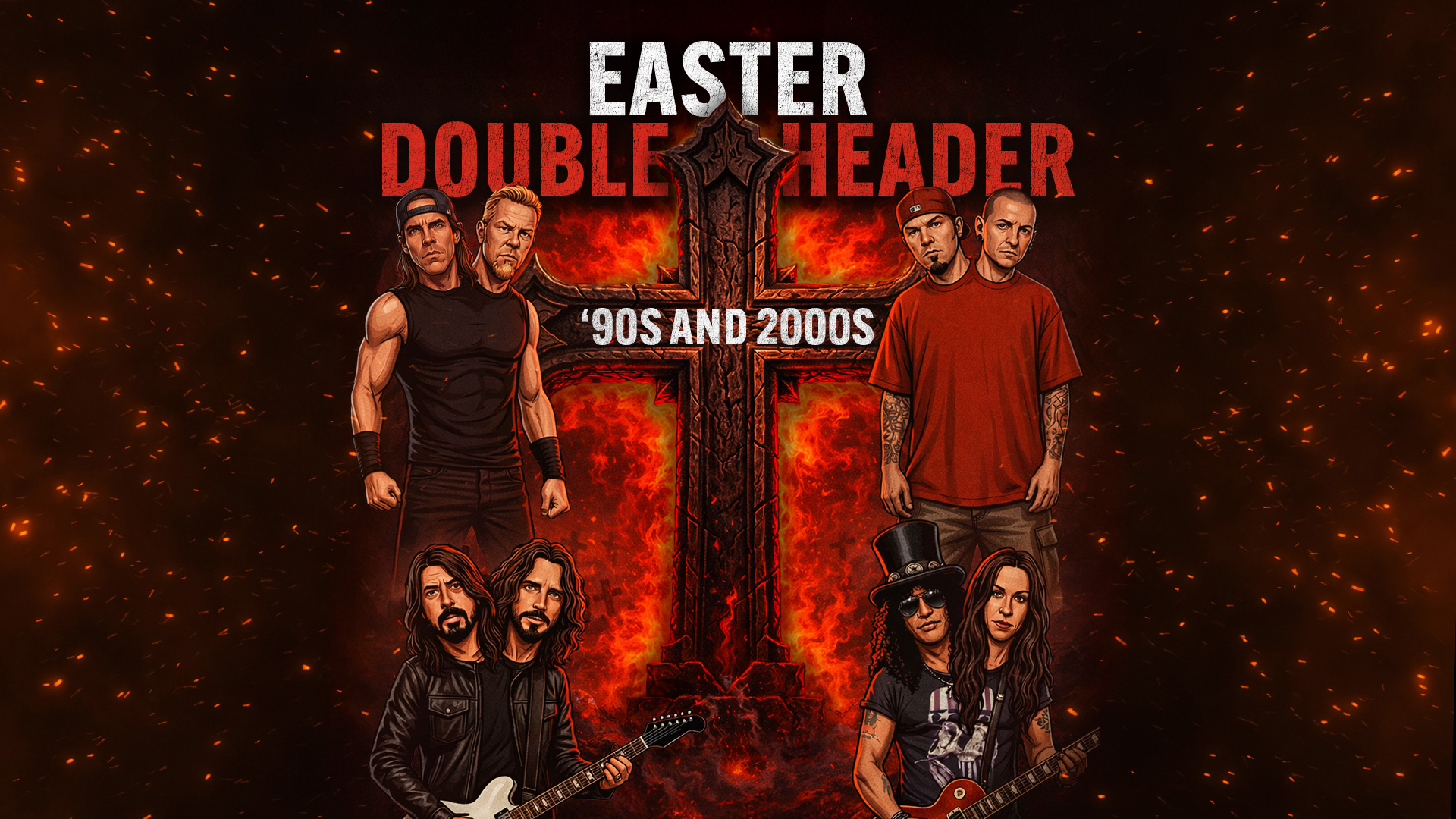 Easter Double Header poster for The Rock featuring iconic musicians