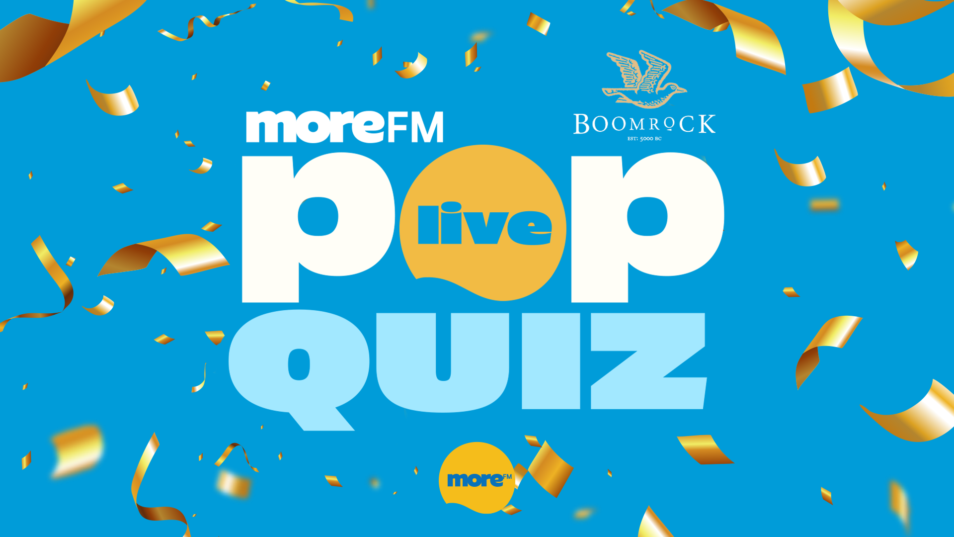 A blue background with gold confetti, displaying large white 'P' and 'P' flanking an orange speech bubble with blue 'live', with 'QUIZ' in light blue below, and 'moreFM' and 'BOOMROCK' logos.