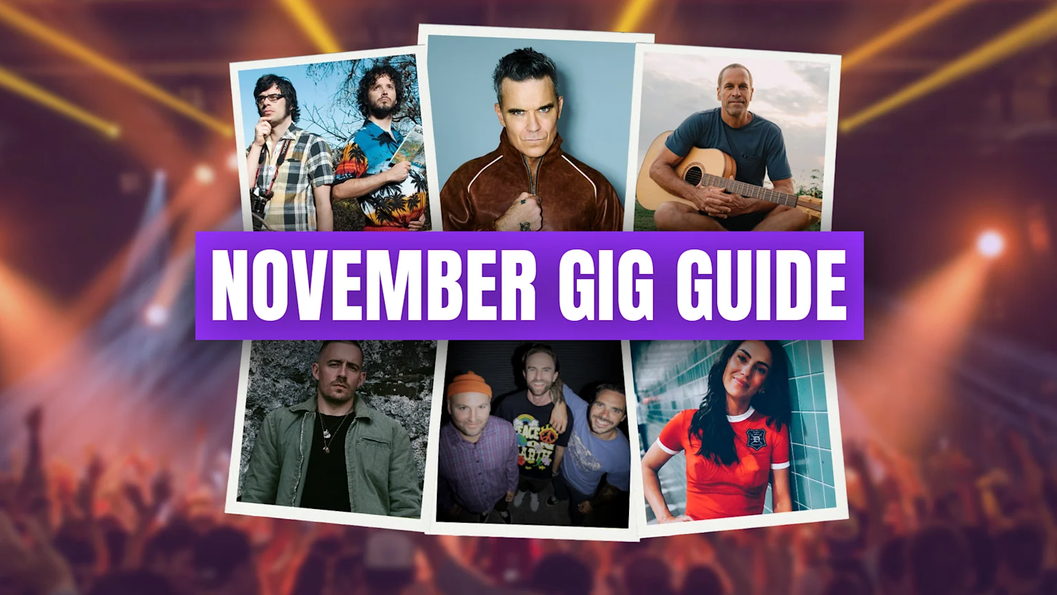 A "NOVEMBER GIG GUIDE" banner is centered over a blurred concert background, surrounded by six framed photos of various music artists including Robbie Williams and Jack Johnson.