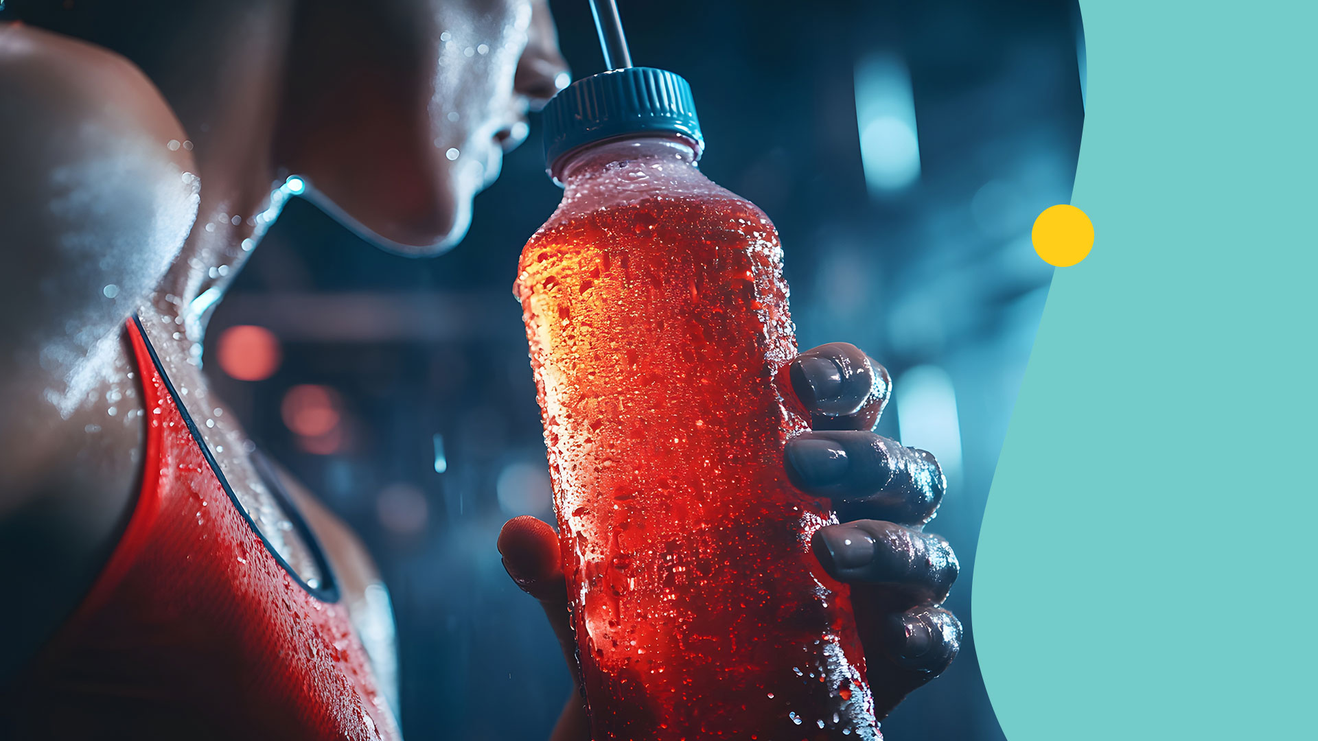 A close-up side profile of an adult wearing a red athletic top, drinking from a translucent bottle with red liquid, condensation, blue cap, and straw. The scene is indoors in a gym with dim lighting and a blue graphic overlay with a yellow dot on the right.