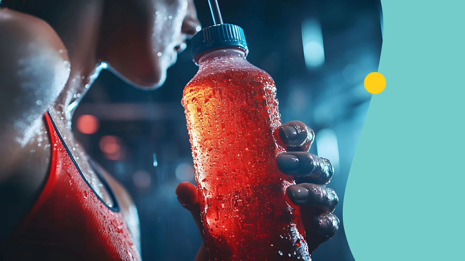 A close-up side profile of an adult wearing a red athletic top, drinking from a translucent bottle with red liquid, condensation, blue cap, and straw. The scene is indoors in a gym with dim lighting and a blue graphic overlay with a yellow dot on the right.