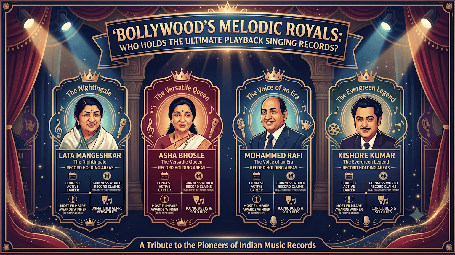 A vibrant tribute graphic features portraits of Lata Mangeshkar, Asha Bhosle, Mohammed Rafi, and Kishore Kumar, highlighting their playback singing records and iconic statuses on a theatrical stage.