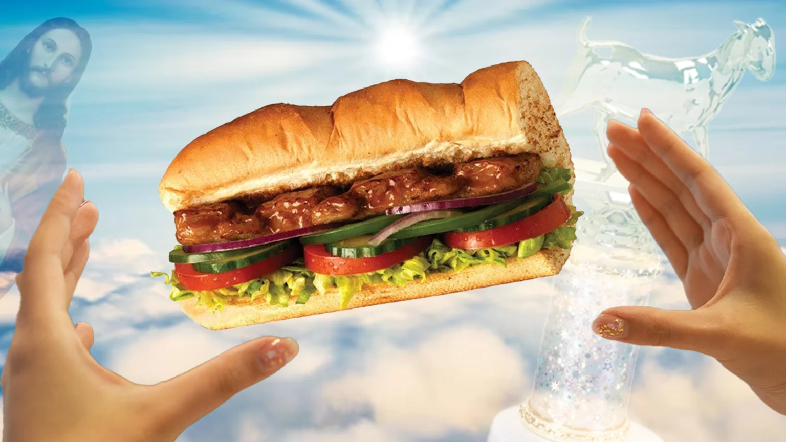 Pork Riblet from Subway being held up in the clouds
