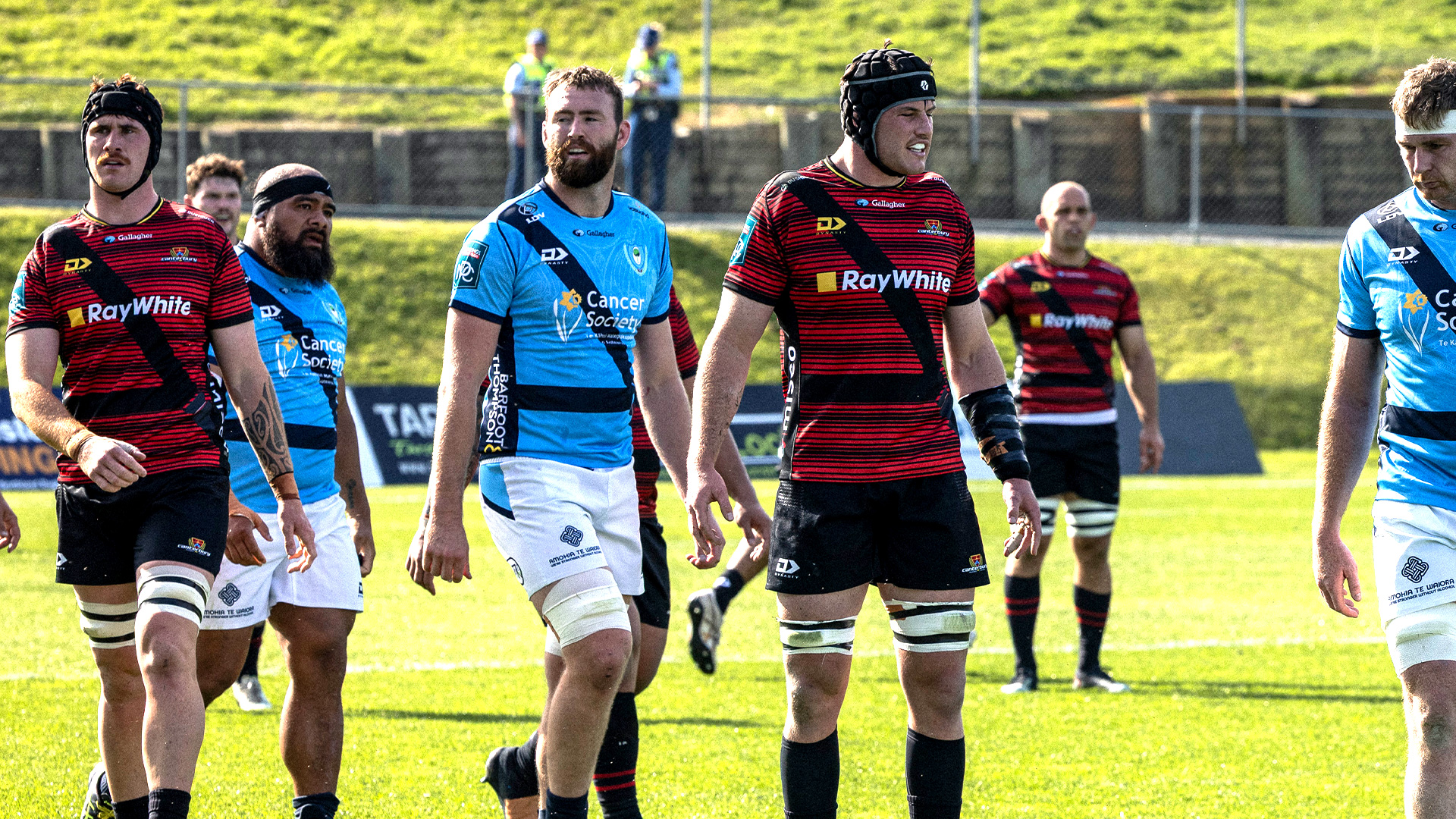 Northland vs Canterbury NPC match in Whangārei on yesterday at Semenoff Stadium, players wore special edition jerseys where the traditional rugby hoops have been flipped diagonally into seatbelts across the chest.