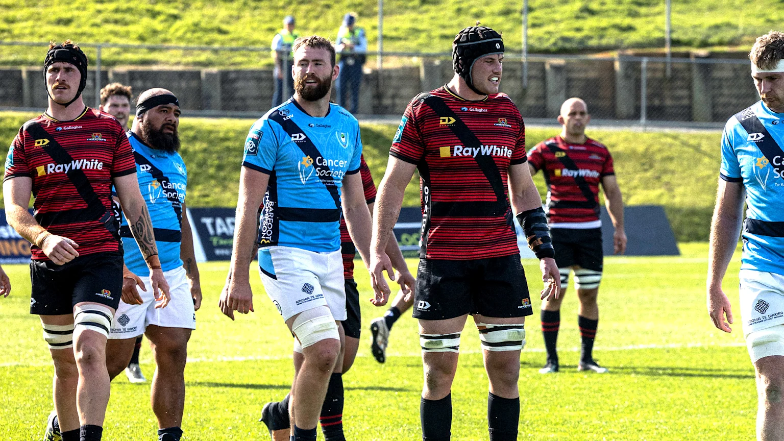 Northland vs Canterbury NPC match in Whangārei on yesterday at Semenoff Stadium, players wore special edition jerseys where the traditional rugby hoops have been flipped diagonally into seatbelts across the chest.