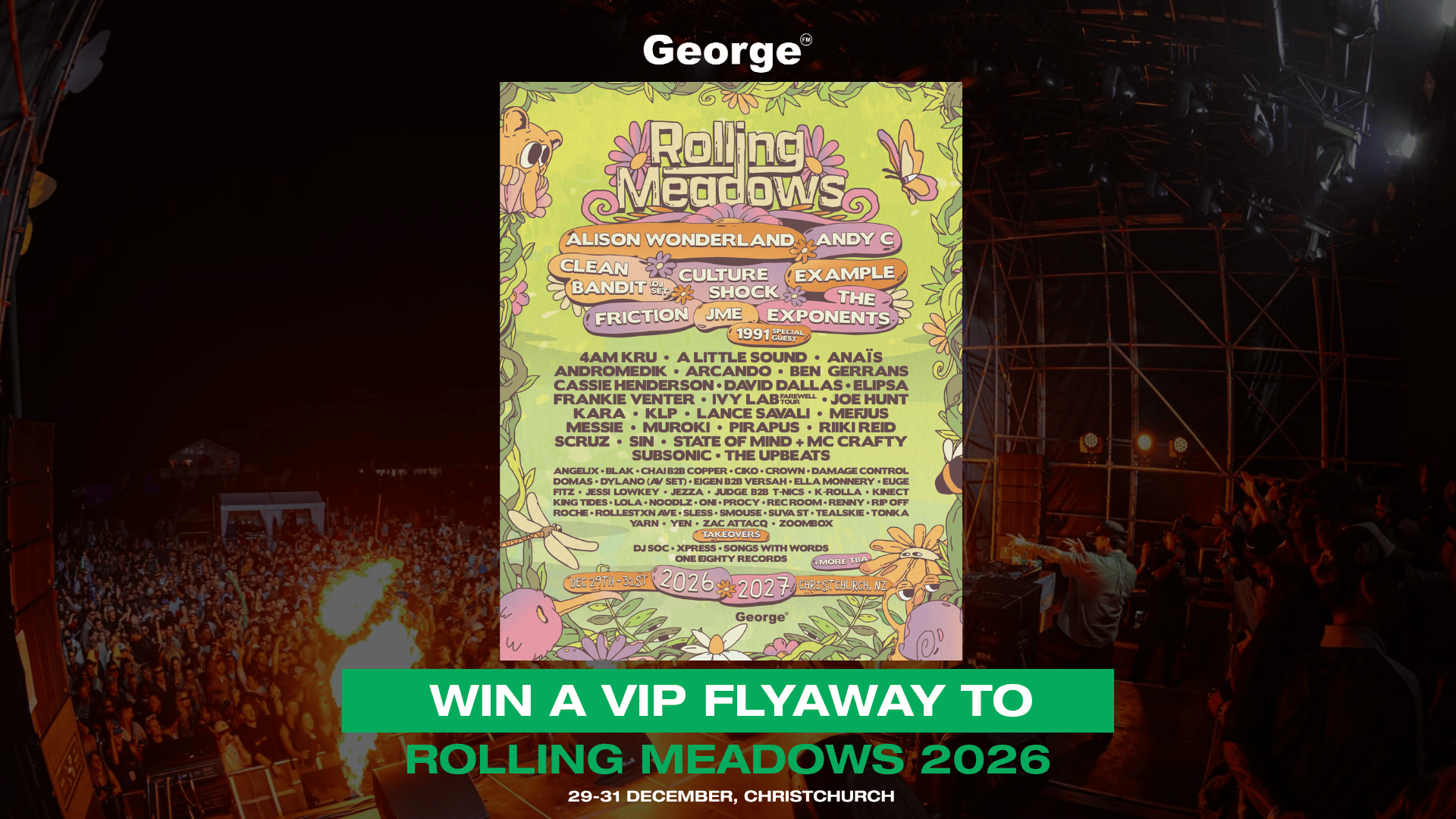 A vibrant promotional image for Rolling Meadows festival featuring an illustrated lineup poster with artists like Alison Wonderland, overlaid on a concert crowd, and text "WIN A VIP FLYAWAY TO ROLLING MEADOWS 2026".