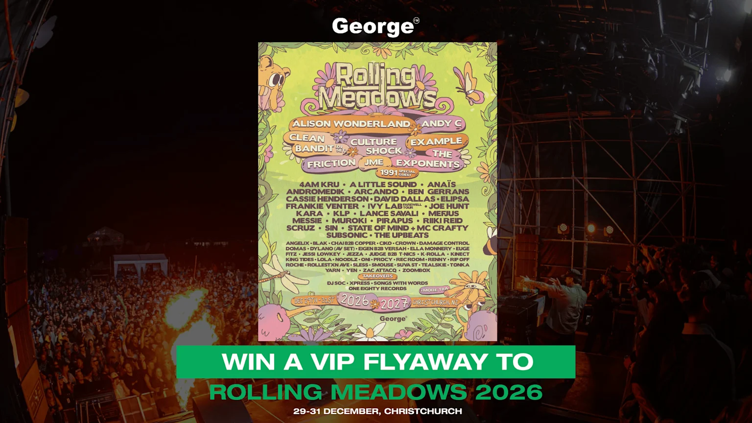 A vibrant promotional image for Rolling Meadows festival featuring an illustrated lineup poster with artists like Alison Wonderland, overlaid on a concert crowd, and text "WIN A VIP FLYAWAY TO ROLLING MEADOWS 2026".