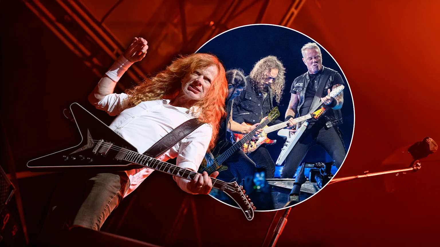 Picture of Dave Mustaine from Megadeth playing the guitar on stage, then in a circle behind him another picture of Metallica's James Hetfield, Rob Trujillo and Kirk Hammett playing on stage.
