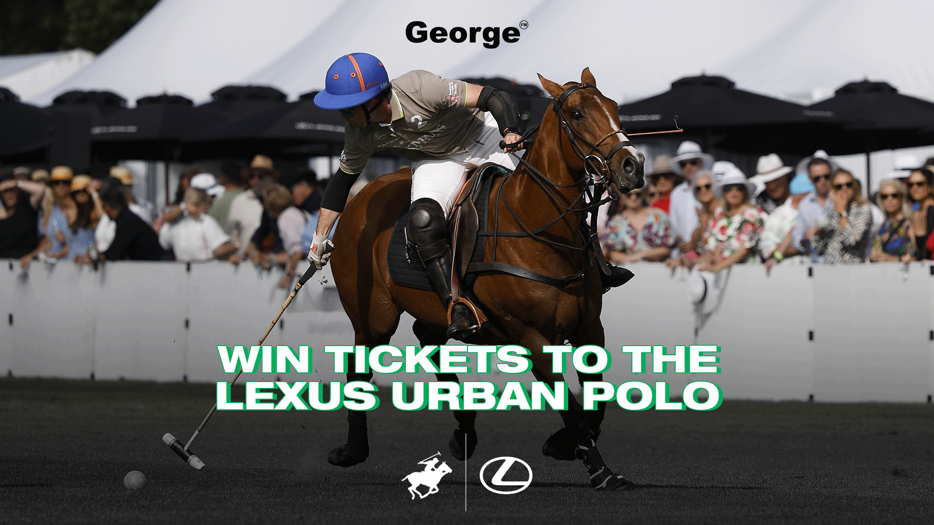 A polo player on a brown horse swings a mallet at a ball on a green field, with spectators in the background, promoting the Lexus Urban Polo with "George" branding and a "Win Tickets" text overlay.