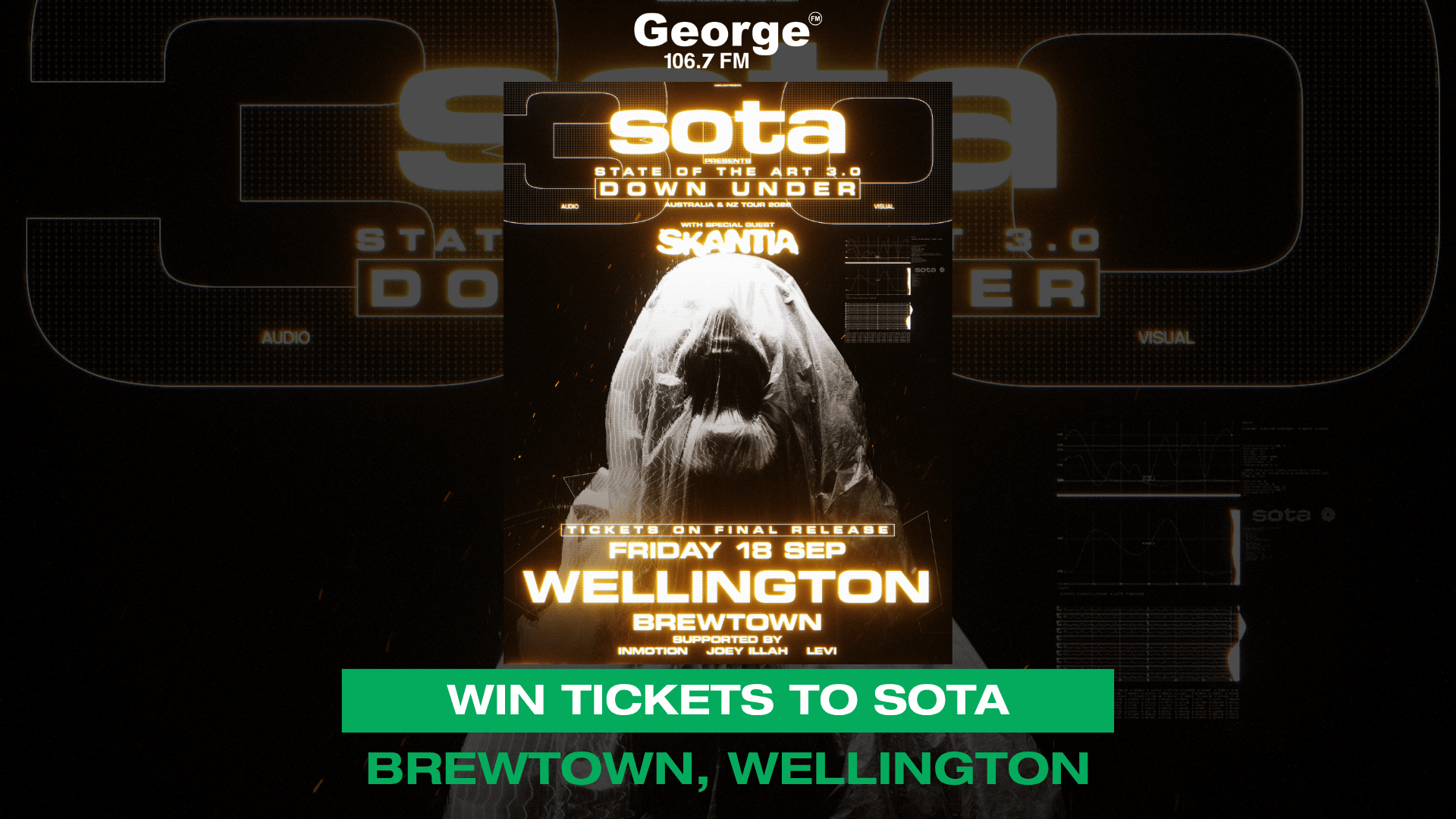A dark concert poster for "SOTA State of the Art 3.0 Down Under" featuring a figure under a translucent hood, advertising "Friday 18 Sep Wellington Brewtown," with a green banner below stating "Win Tickets to SOTA Brewtown, Wellington."