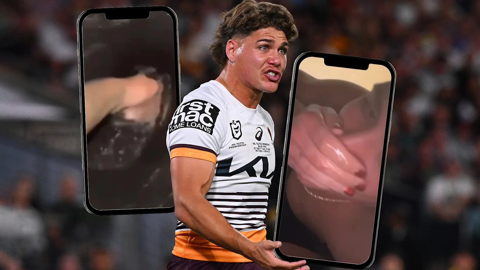 Image of Reece Walsh playing for the Brisbane Broncos NRL team layered over an image of him sticking his hand in toilet bowl water and another of him slurping hte water for his hand.