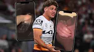 Image of Reece Walsh playing for the Brisbane Broncos NRL team layered over an image of him sticking his hand in toilet bowl water and another of him slurping hte water for his hand.
