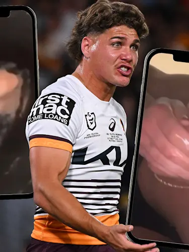 Image of Reece Walsh playing for the Brisbane Broncos NRL team layered over an image of him sticking his hand in toilet bowl water and another of him slurping hte water for his hand.