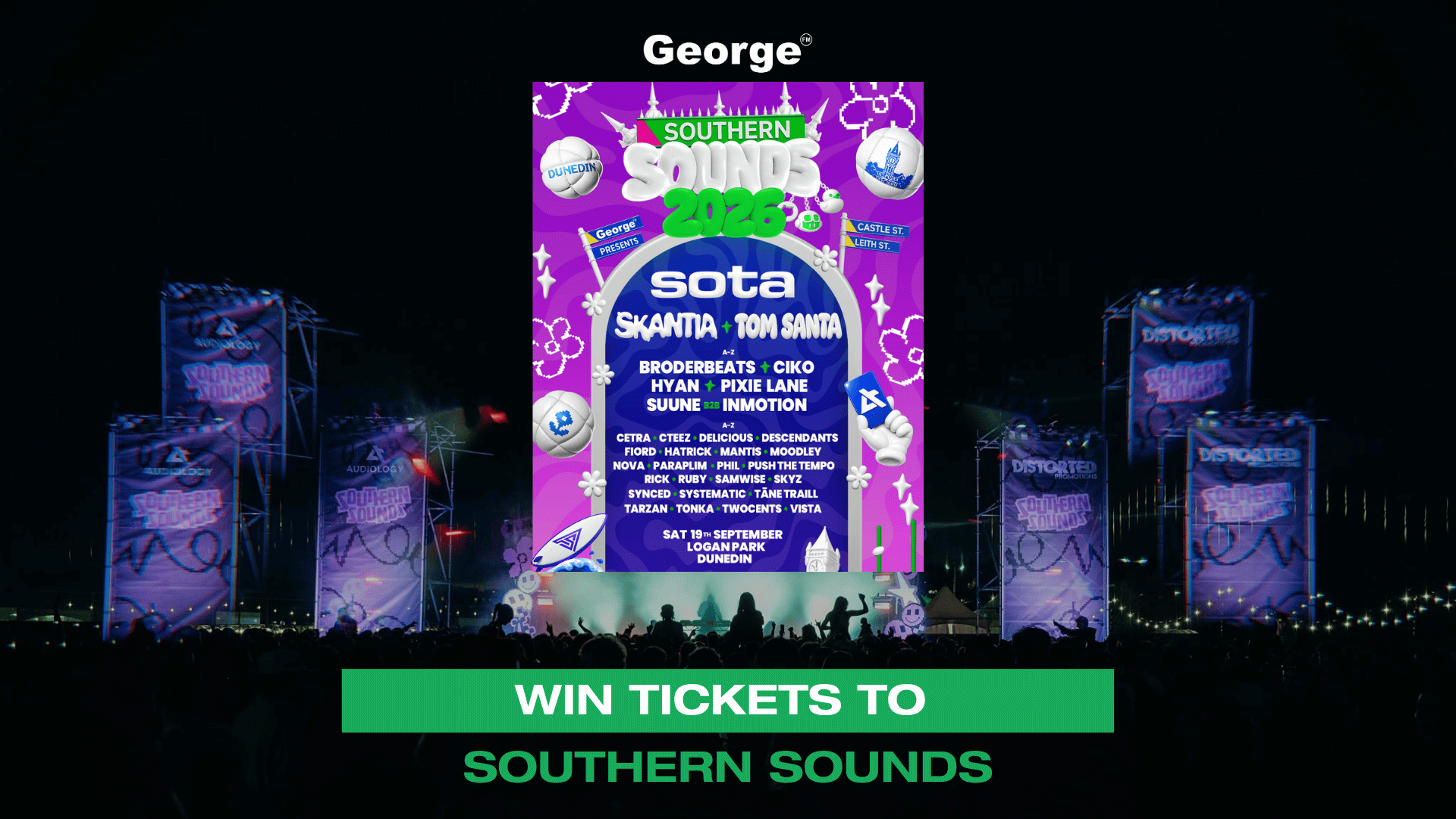 A George presents Southern Sounds 2026 festival poster listing artists and event details, centered above a concert crowd, with a green banner at the bottom: "WIN TICKETS TO SOUTHERN SOUNDS."