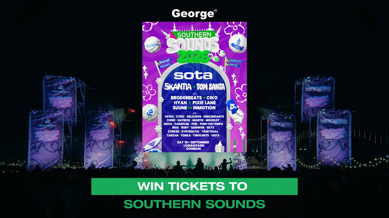 A George presents Southern Sounds 2026 festival poster listing artists and event details, centered above a concert crowd, with a green banner at the bottom: "WIN TICKETS TO SOUTHERN SOUNDS."