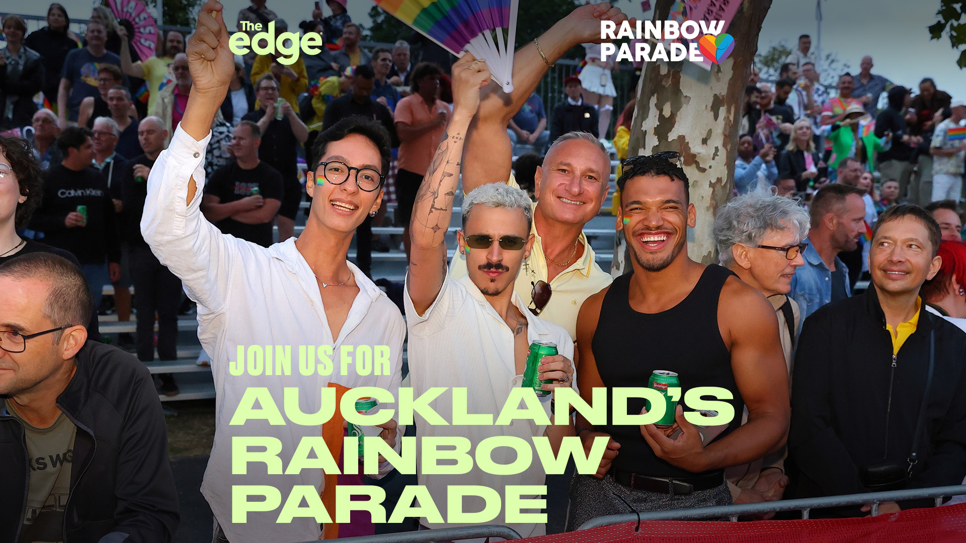 Group in crowd at Auckland Rainbow Parade. "Join us for Auckland's Rainbow Parade" with The Edge Auckland