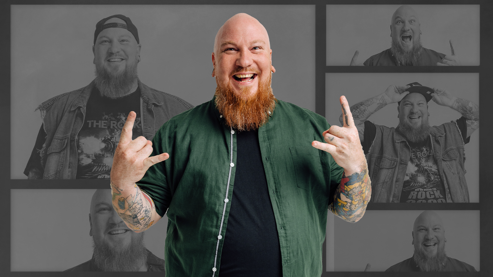 Westie Lee holding up the 'rock horns' gesture on both hands