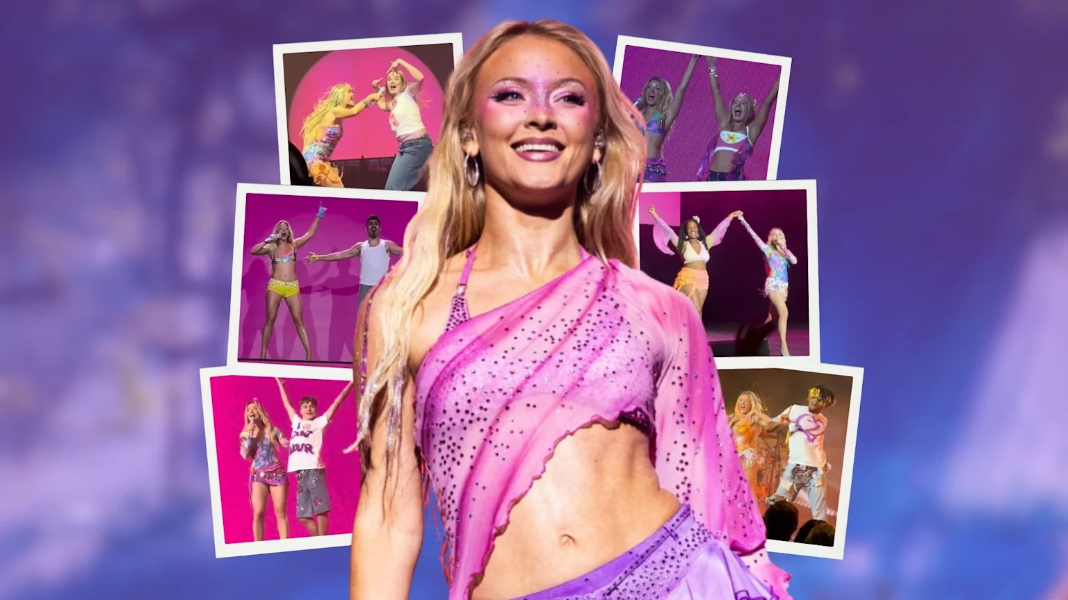 A woman with long blonde hair and glittery pink makeup, wearing a pink and purple outfit, smiles, with a collage of stage performance photos in the background.