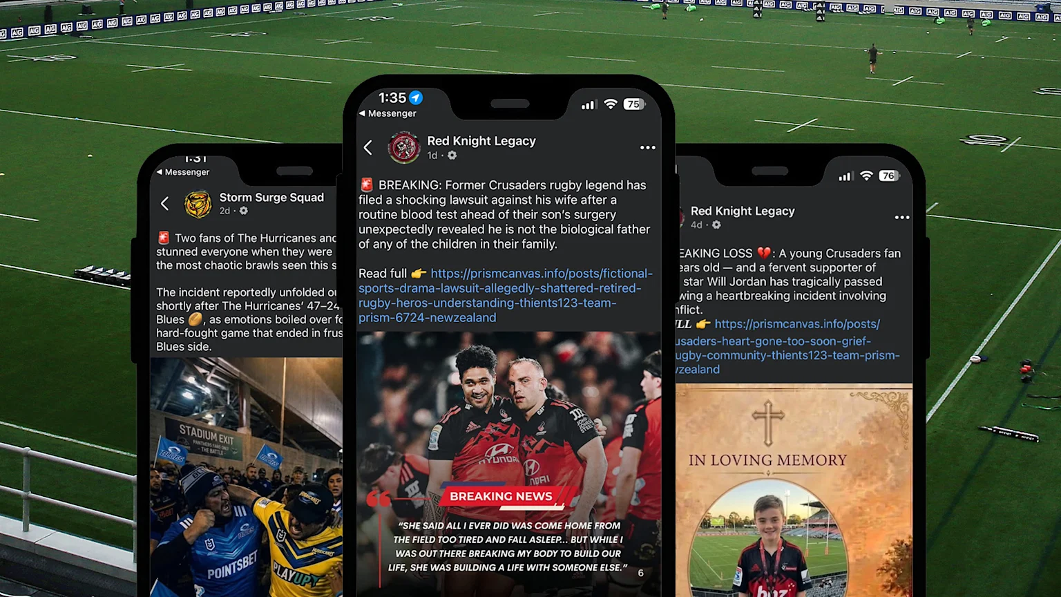 Three smartphones displaying social media posts about rugby players and fans, including news and an "in loving memory" tribute, are overlaid on a rugby field with players.