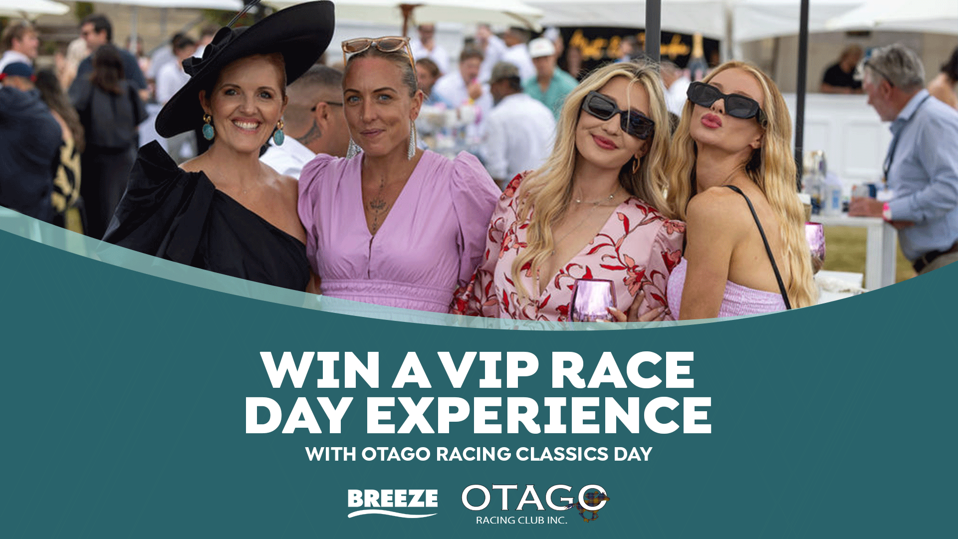 Four women dressed in elegant attire smile and pose at an outdoor race day event, with a dark teal overlay promoting a VIP race day experience.