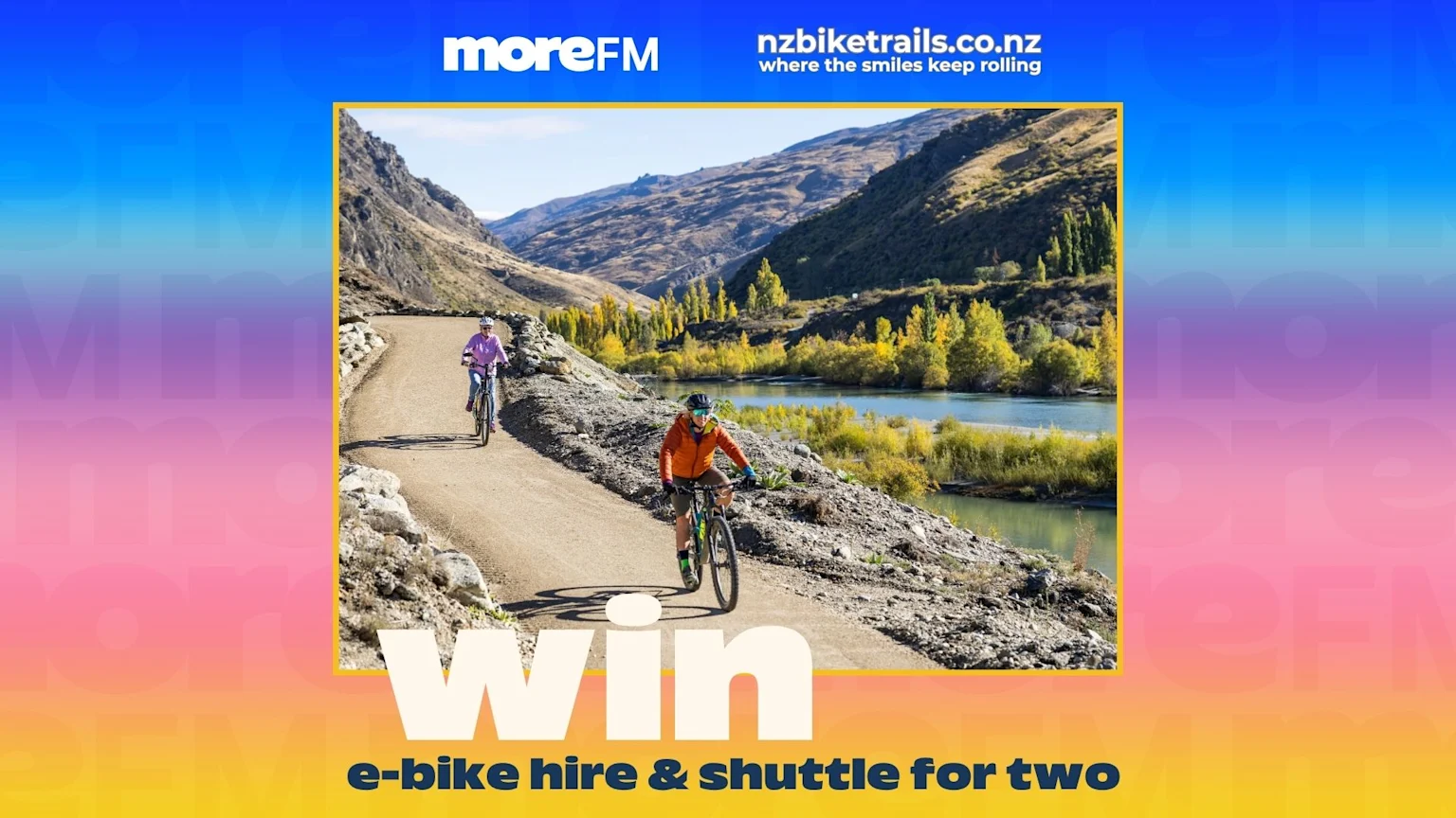 Promotional image: Two people ride bikes on a scenic trail next to a river with mountains and autumn trees, with "Win e-bike hire & shuttle for two" text overlay.