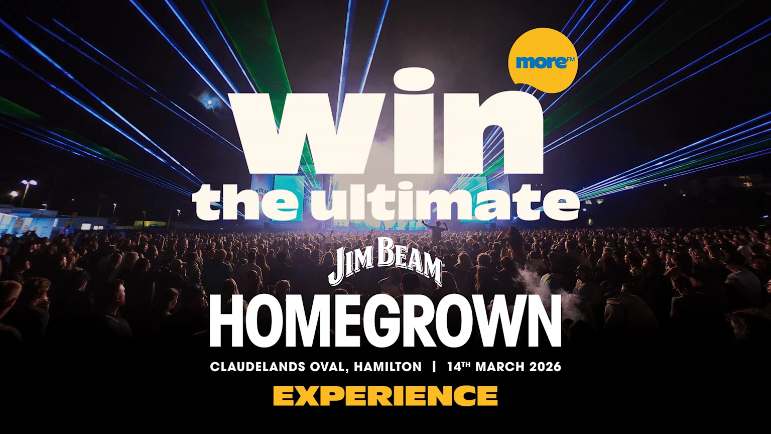 A lively night concert scene with a large crowd and laser lights, overlaid with text announcing: "Win the ultimate Jim Beam Homegrown Experience" for March 14, 2026.
