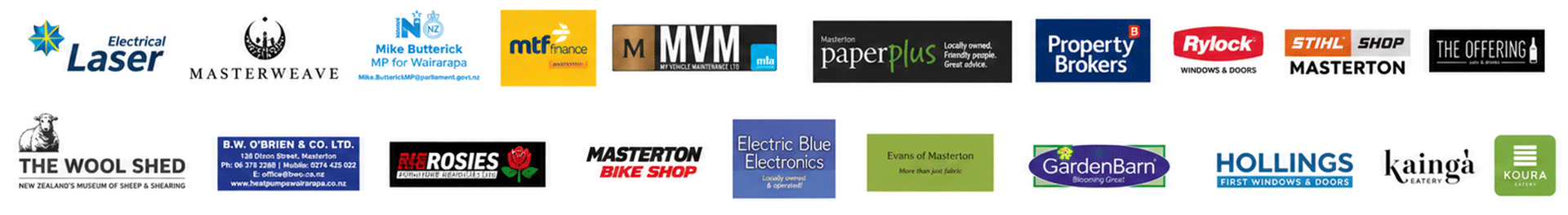 A grid displaying twenty logos of businesses and organizations, many from Masterton and Wairarapa, including Electrical Laser, Masterweave, Mike Butterick MP, Paperplus, Property Brokers, Stihl Shop Masterton, The Wool Shed, and local eateries.