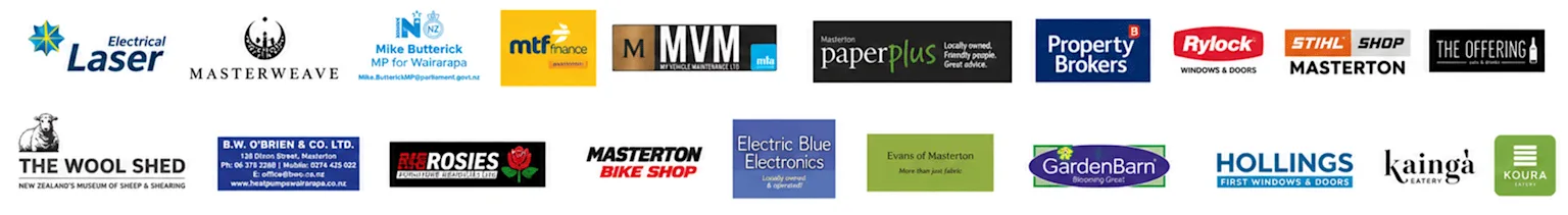 A grid displaying twenty logos of businesses and organizations, many from Masterton and Wairarapa, including Electrical Laser, Masterweave, Mike Butterick MP, Paperplus, Property Brokers, Stihl Shop Masterton, The Wool Shed, and local eateries.
