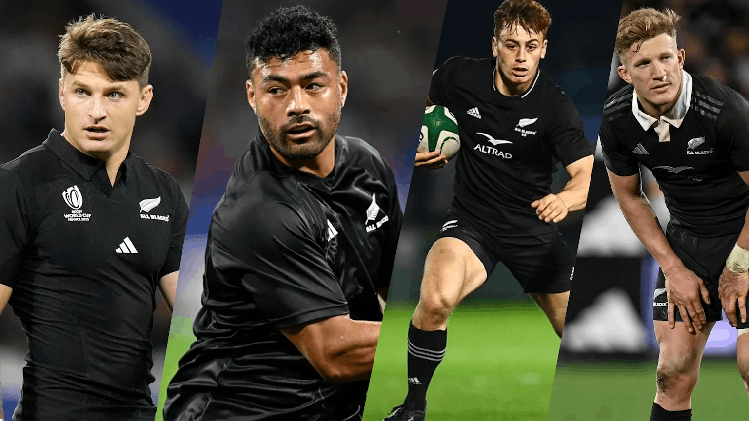 A composite image shows four male All Blacks rugby players in black jerseys; one wears a RWC 2023 jersey, another has a beard, one is running with a rugby ball, and the last has a white collar and wrist bandage.