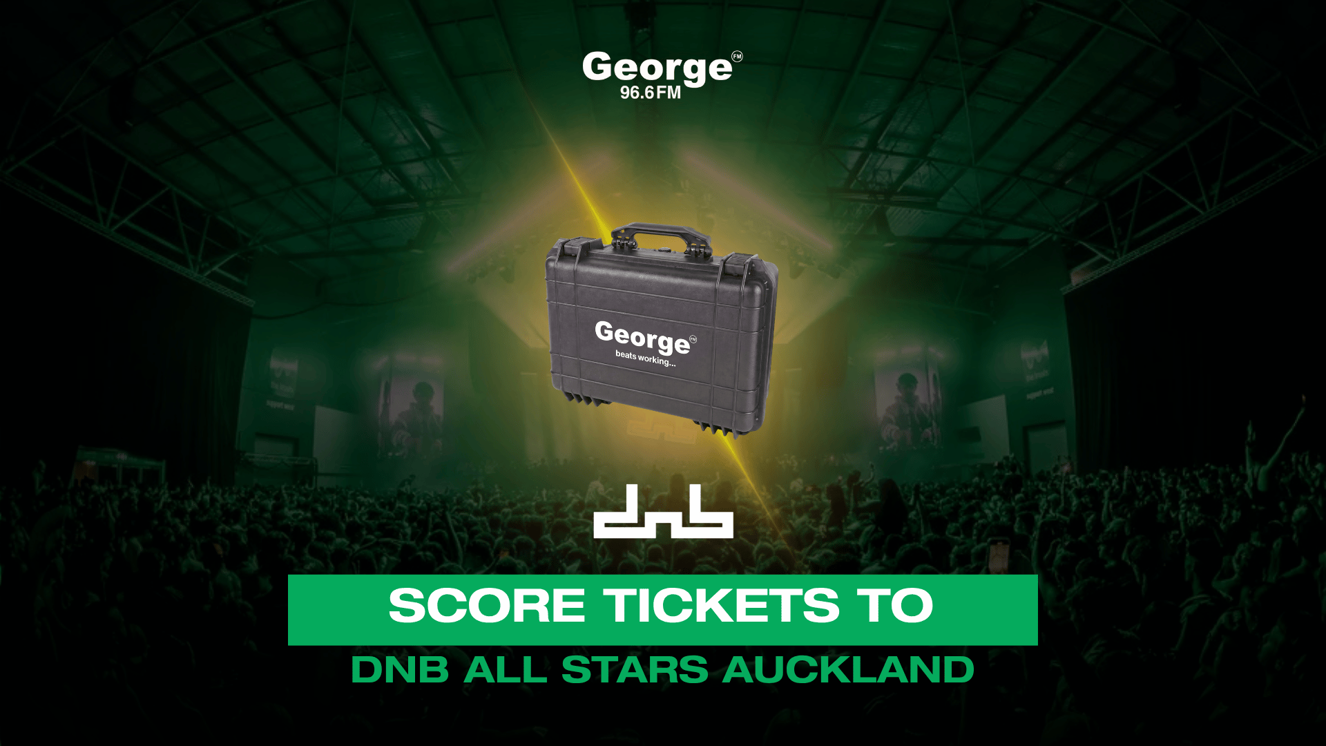 A dark concert venue packed with a crowd, a stage with screens, a floating black George-branded case, and a green banner announcing "SCORE TICKETS TO DNB ALL STARS AUCKLAND."