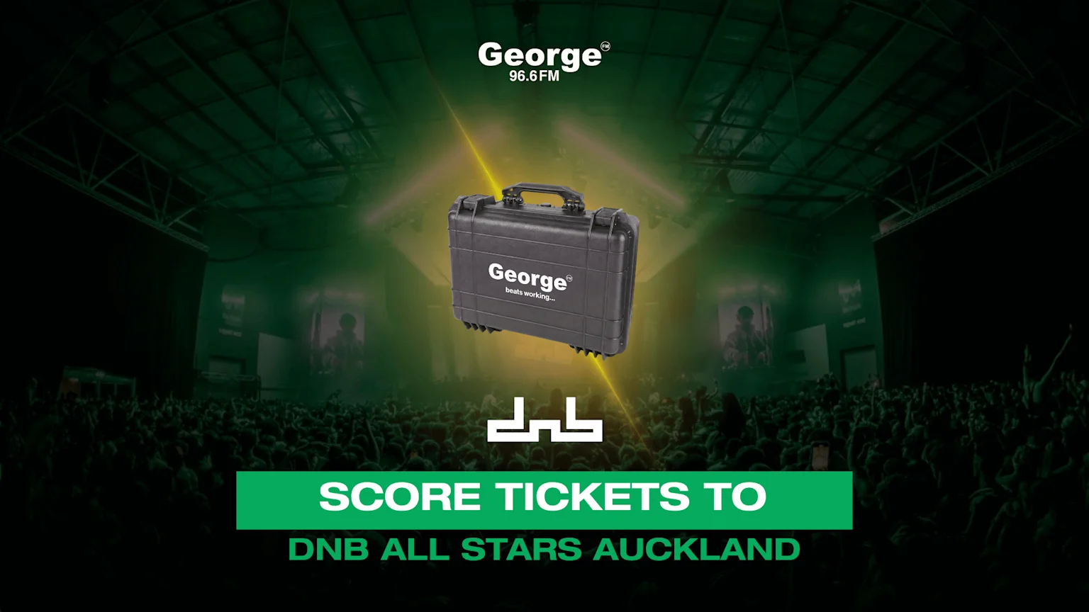 A dark concert venue packed with a crowd, a stage with screens, a floating black George-branded case, and a green banner announcing "SCORE TICKETS TO DNB ALL STARS AUCKLAND."