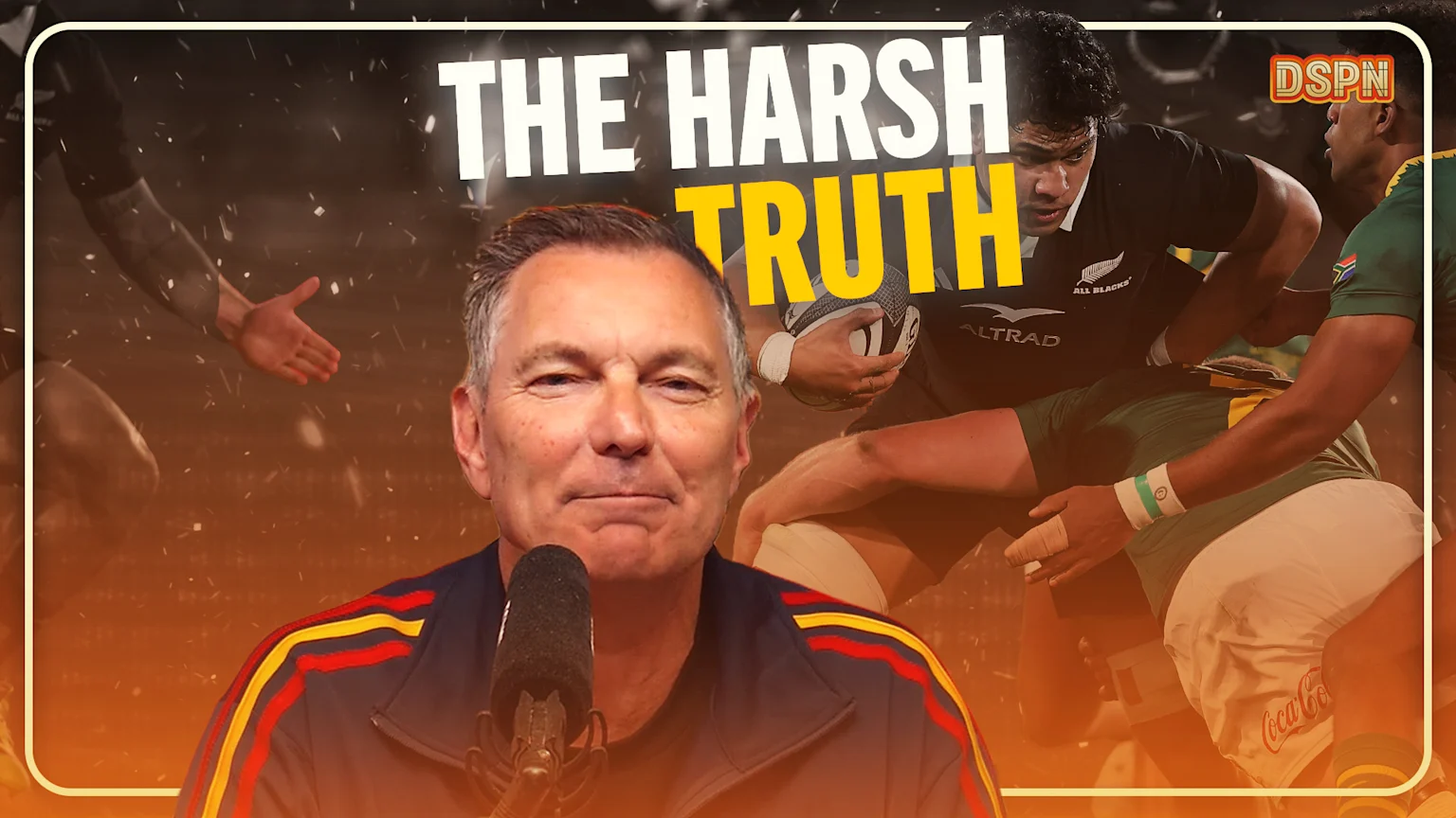 A male presenter speaks into a microphone against a backdrop of rugby players in black and green jerseys in action, with "THE HARSH TRUTH" text overlay.