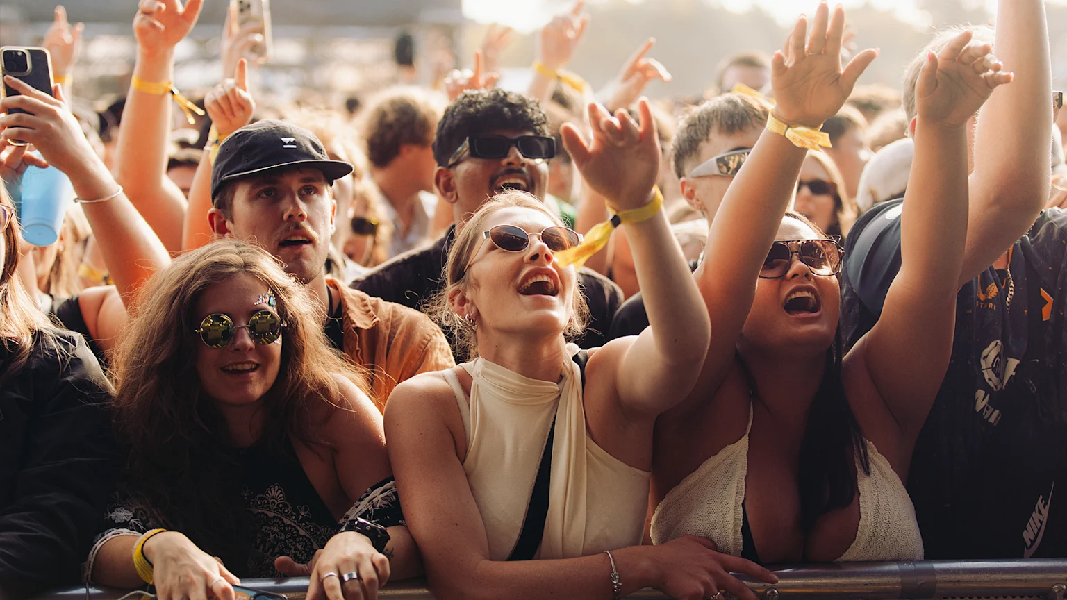 A diverse crowd of young adults joyfully cheers with raised hands at an outdoor music festival, many wearing sunglasses and colorful wristbands.