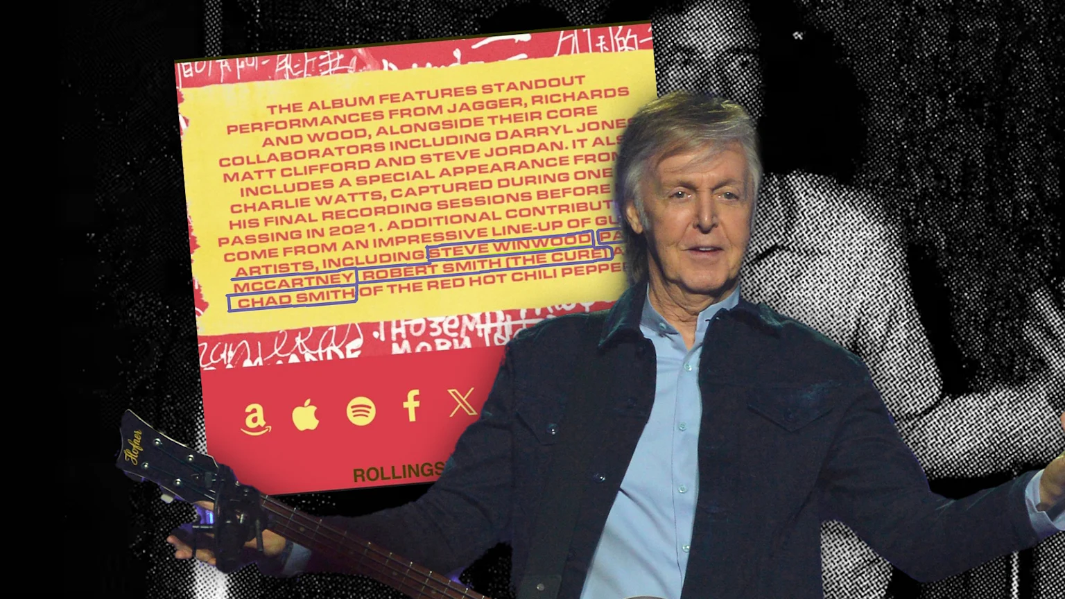 image of Paul McCartney over an image of the track list for rolling stones foreign tongues album