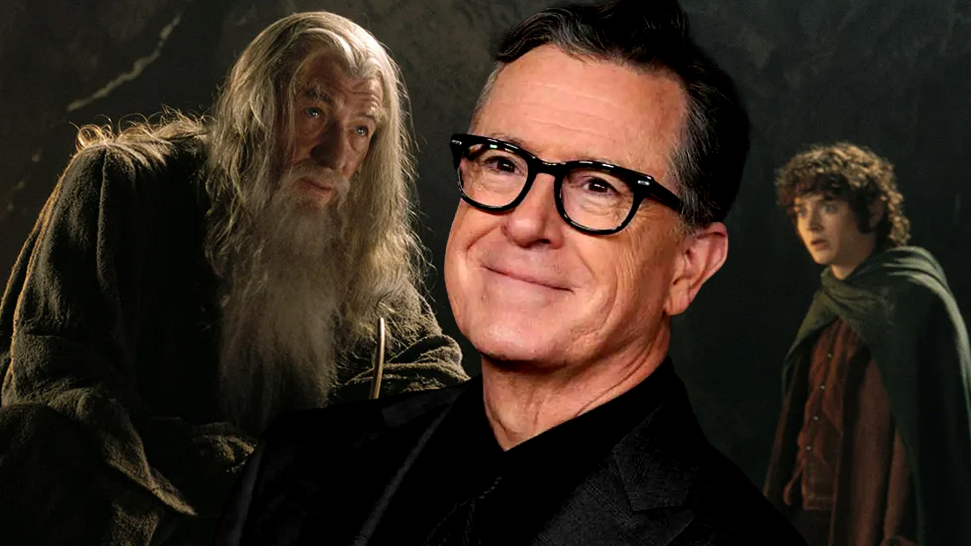 Stephen Colbert, wearing a suit and glasses, looks directly forward, with a framed document, a large framed painting depicting mythical creatures, a gorilla statue, and a stereo system visible behind him.