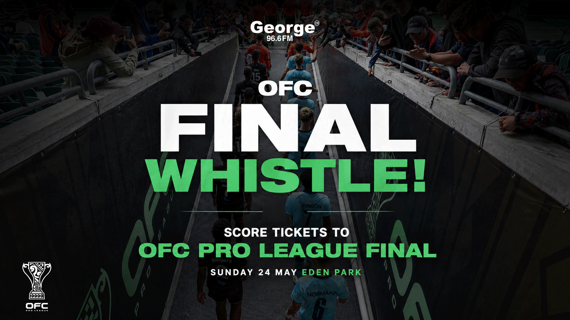 An advertisement shows soccer players walking through a stadium tunnel greeted by fans, featuring text "OFC FINAL WHISTLE!" and event details for the OFC Pro League Final on Sunday 24 May at Eden Park.