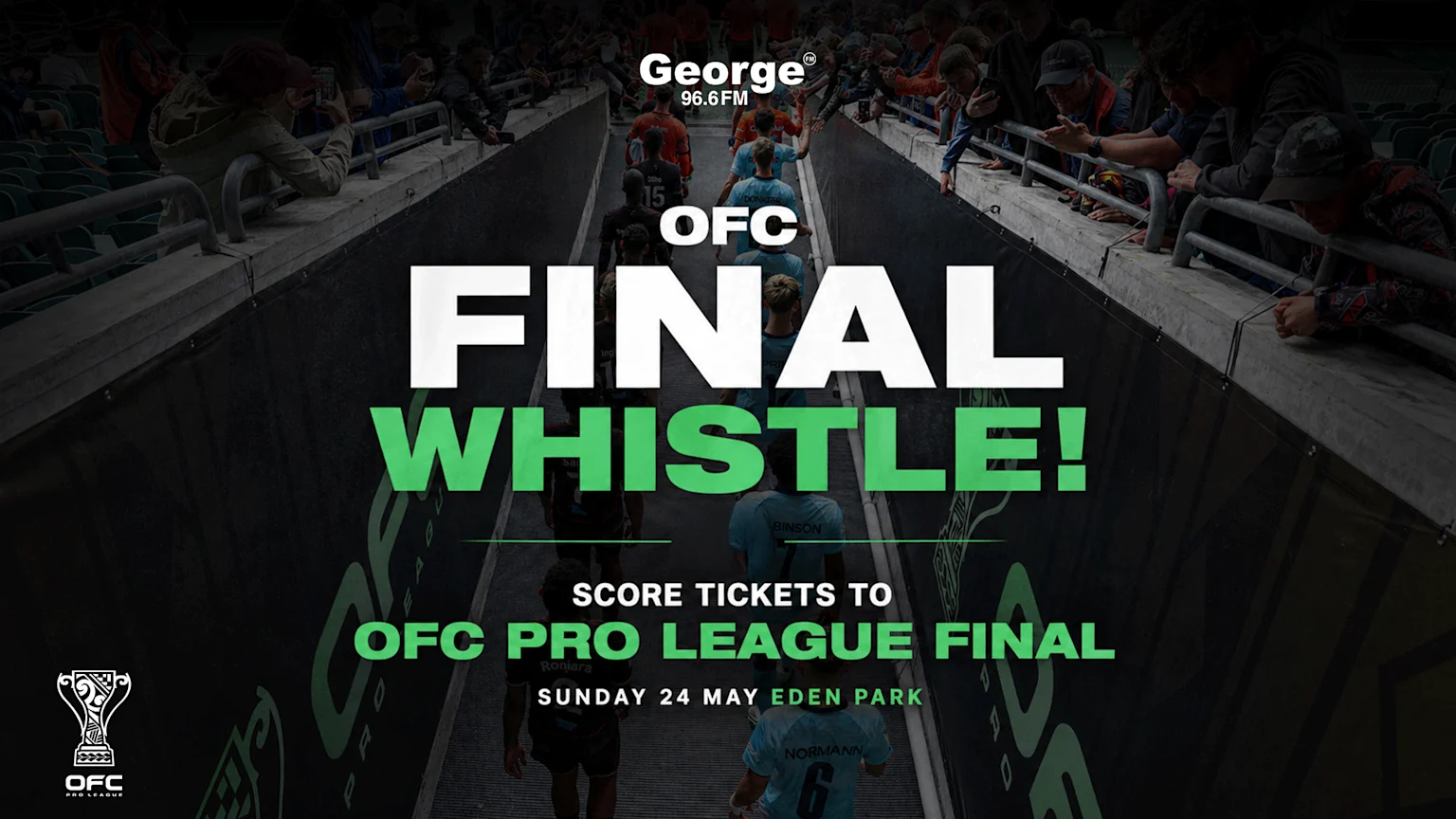 An advertisement shows soccer players walking through a stadium tunnel greeted by fans, featuring text "OFC FINAL WHISTLE!" and event details for the OFC Pro League Final on Sunday 24 May at Eden Park.