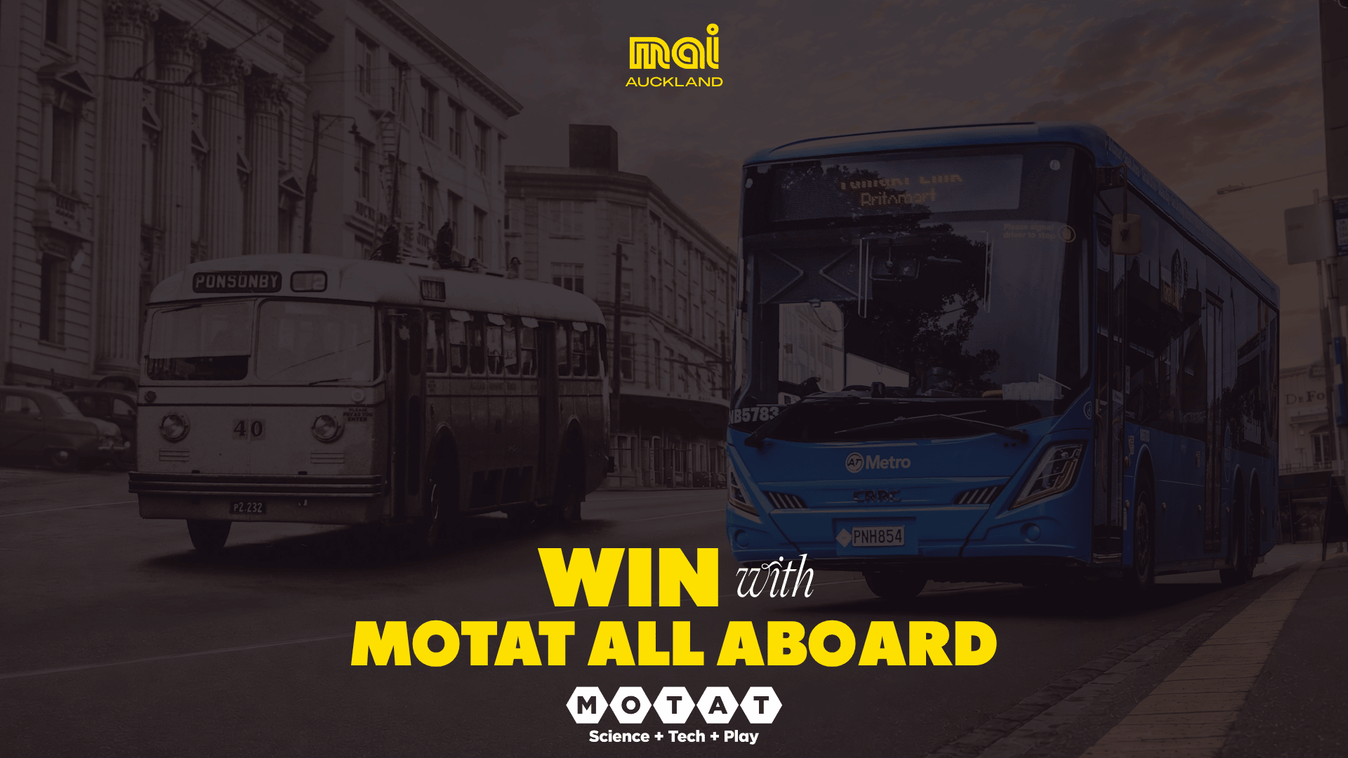 A desaturated image showing an old trolleybus on the left and a modern blue bus on the right on a city street, with prominent yellow text "WIN with MOTAT ALL ABOARD".