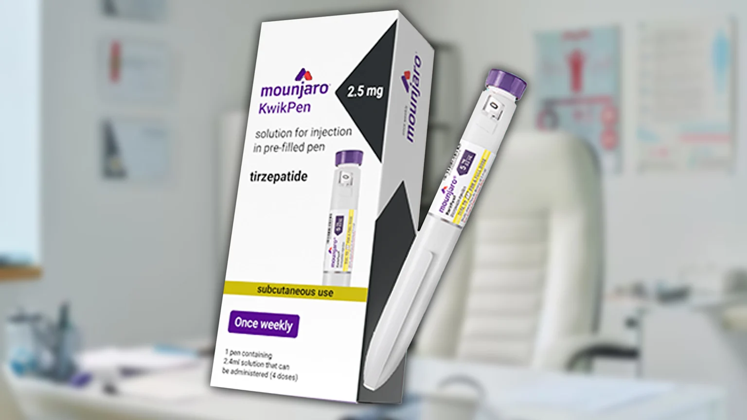A box of Mounjaro KwikPen 2.5 mg tirzepatide and a Mounjaro pre-filled pen are shown against a blurred office background.