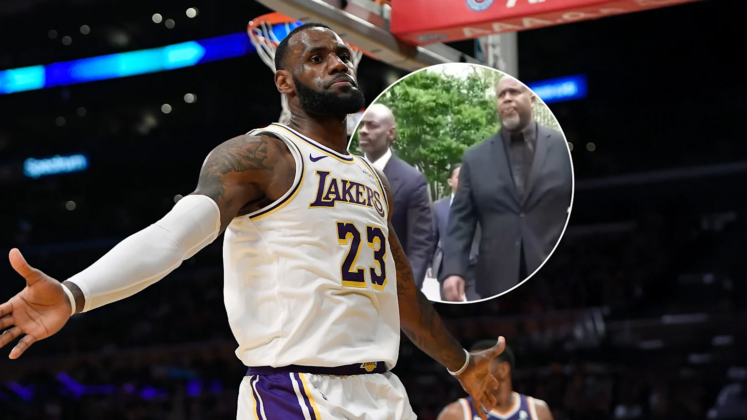 LeBron James in a Lakers #23 jersey on a court, and an inset showing former NBA coach Damon Jones in a black suit walking outdoors.