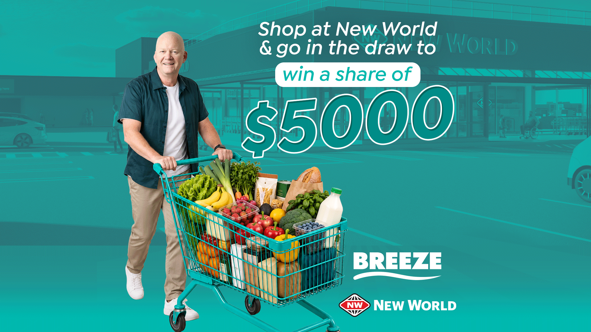 A smiling man pushes a full shopping cart in front of a New World supermarket, with promotional text offering a draw to win a share of $5000.